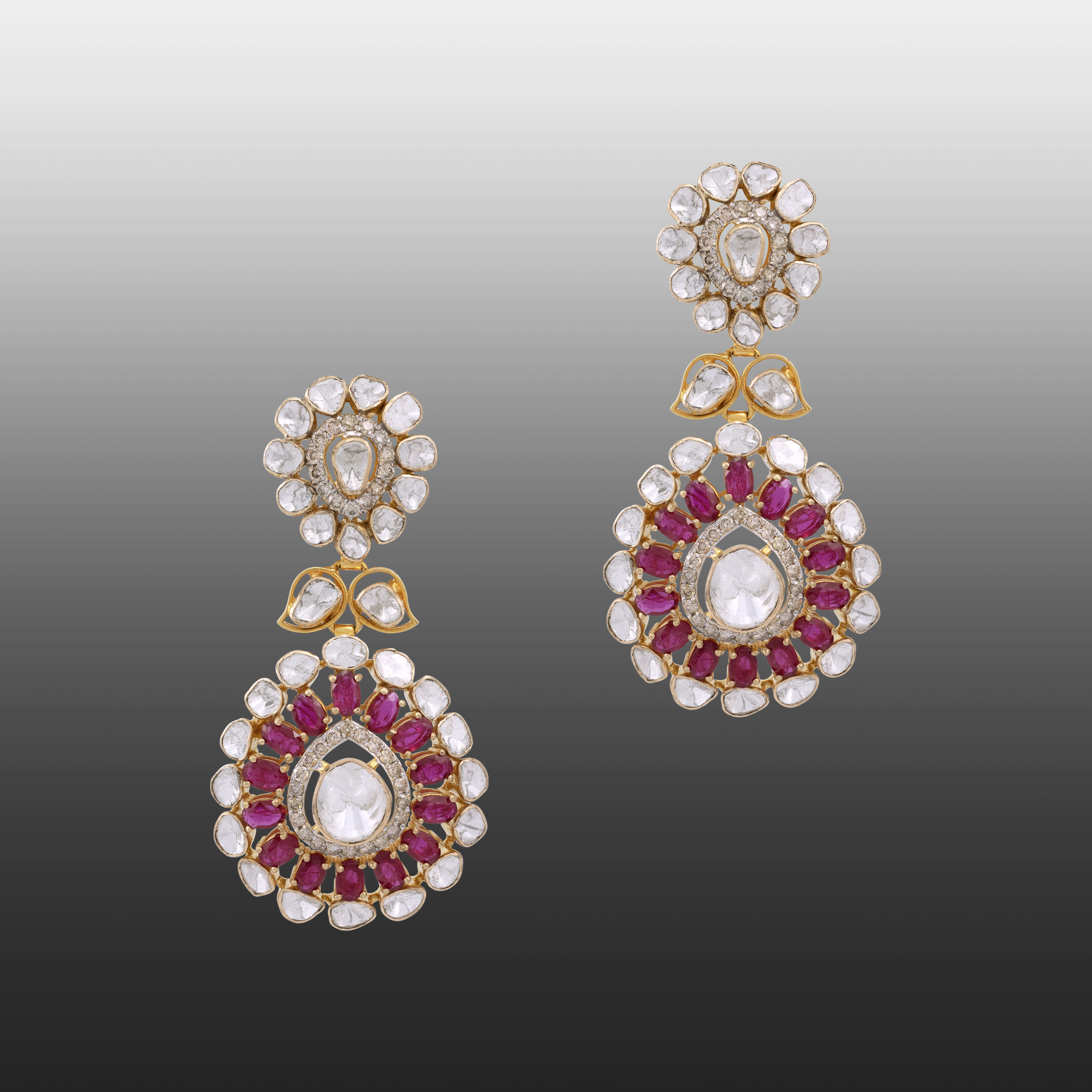 Polki and Ruby Halo Danglers with Floral Drop